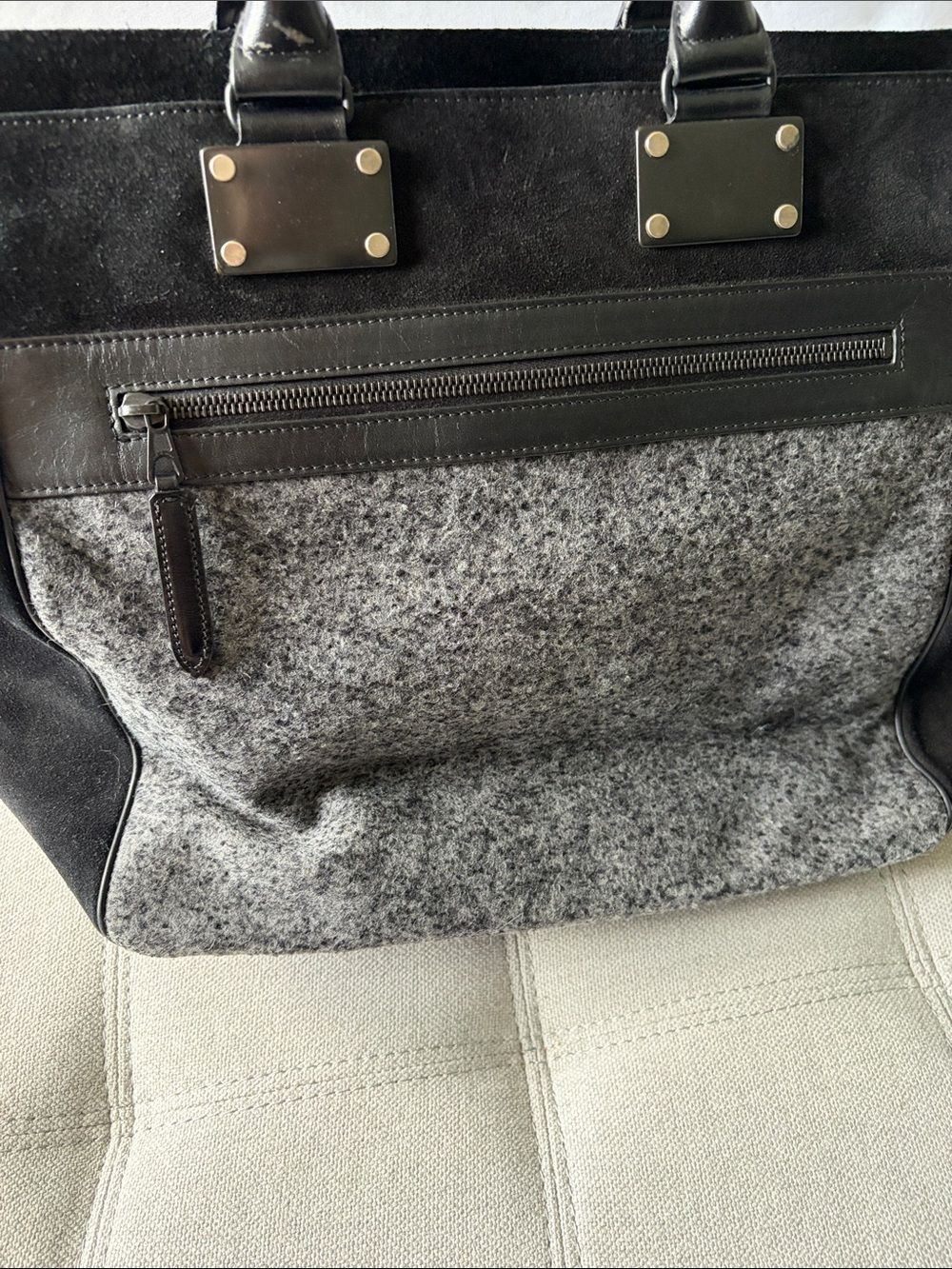 rag & bone Medium Pilot Black Leather and Gray Wool Messenger Tote - Picture 5 of 8